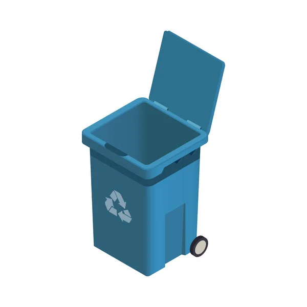 Isométrico Bin Lixo Azul Aberto Fundo Branco Ilustração Vetor — Vetor de Stock