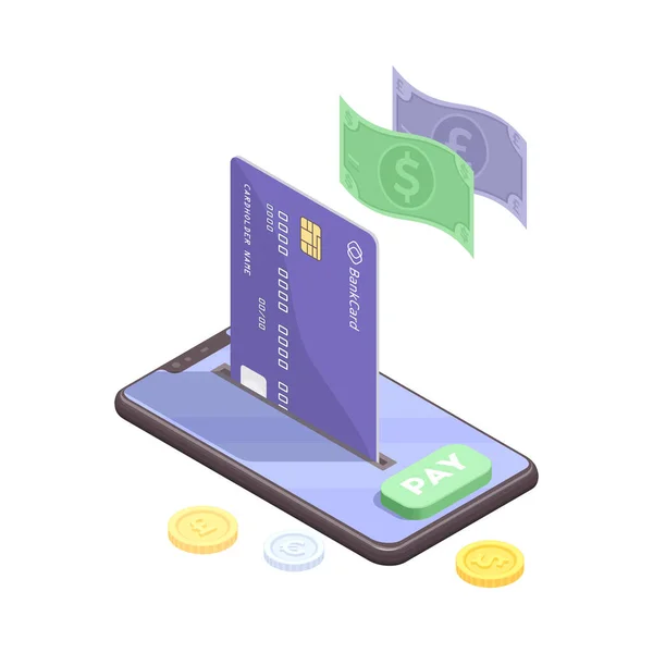 Ecommerce Online Payment Isometric Icon Smartphone Credit Card Vector Illustration — 스톡 벡터