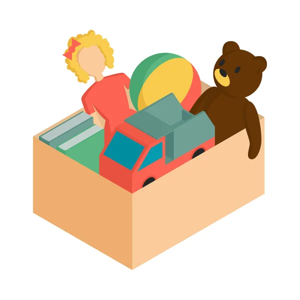 ボックスの3Dベクトルイラストのおもちゃや本とアイソメトリック寄付のコンセプトアイコン — ストックベクタ