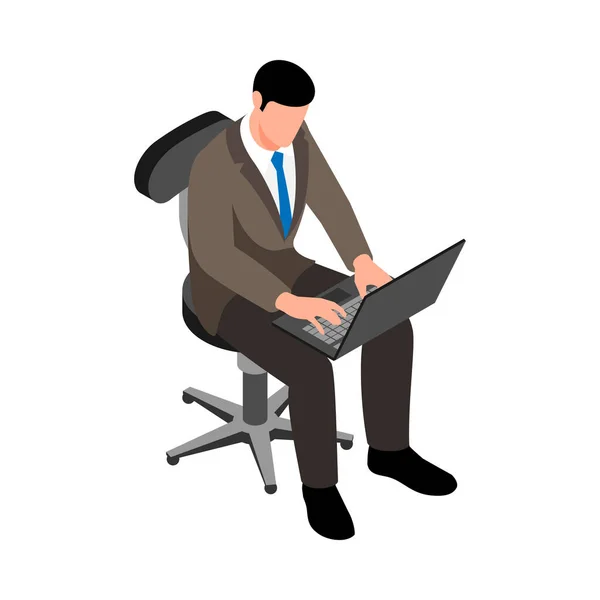 Uomo Affari Isometrico Che Lavora Laptop Sulla Sedia Ufficio Illustrazione — Vettoriale Stock