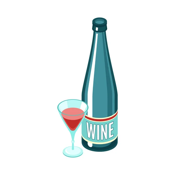 Flaska Och Glas Rött Vin Isometrisk Ikon Vektor Illustration — Stock vektor