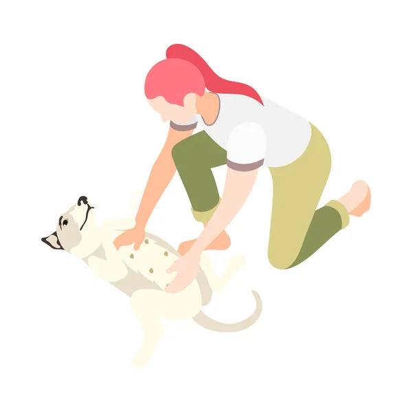 Изометрическая Женщина Играет Своей Милой Собакой Векторной Иллюстрацией — стоковый вектор