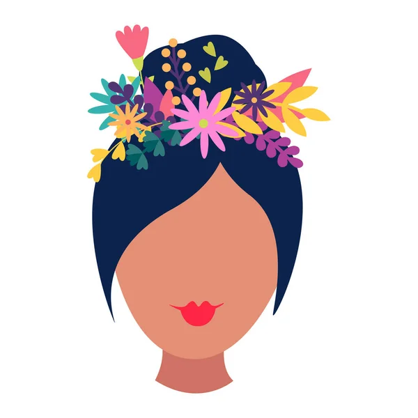 Κορίτσι Πρόσωπο Πολύχρωμα Λουλούδια Άνοιξη Και Φύλλα Στα Μαλλιά Επίπεδη — Διανυσματικό Αρχείο