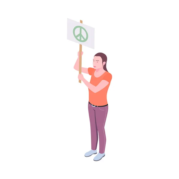 Une Militante Isométrique Tenant Une Pancarte Avec Signe Paix Vert — Image vectorielle