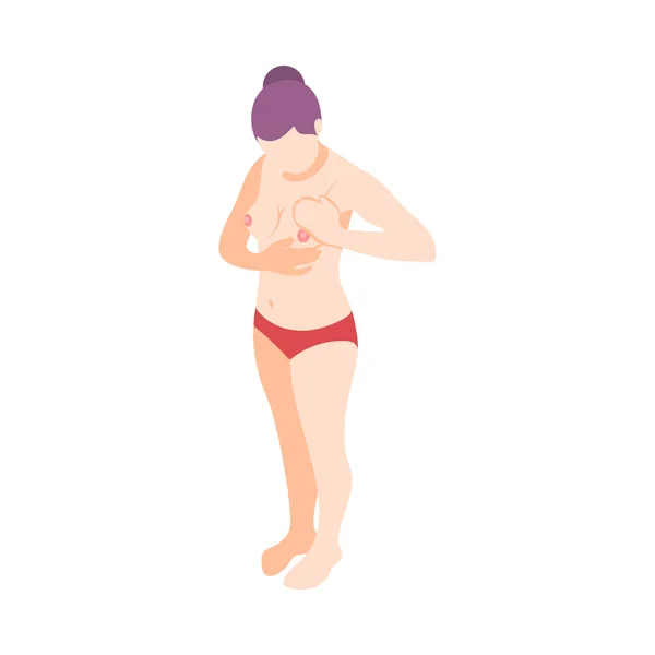 Frauen Gesundheit Isometrisches Symbol Mit Weiblichem Charakter Untersucht Ihre Brüste — Stockvektor