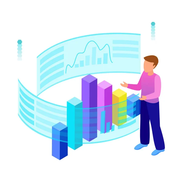 Isometrische Business Analytics Icoon Met Kleurrijke Bar Grafieken Vector Illustratie — Stockvector