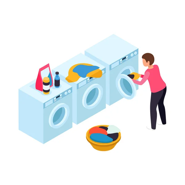 Laundry Room Interior Human Character Putting Clothes Washing Machine Isometric — Stock Vector