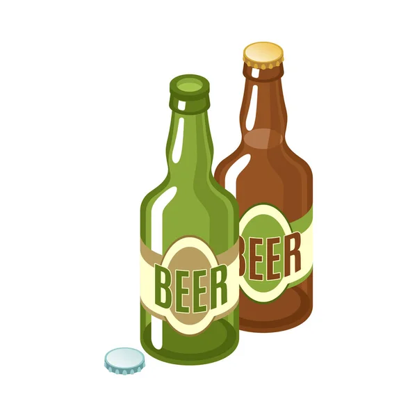 Duas Garrafas Isométricas Cerveja Fundo Branco Ilustração Vetor — Vetor de Stock