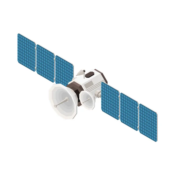 Satélite Espacial Telecomunicación Isométrica Con Antenas Plato Vector Ilustración — Vector de stock