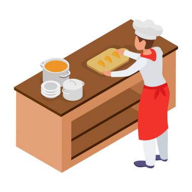 Mutfak aletleri illüstrasyonuyla insan karakteriyle izometrik yemek pişirme.