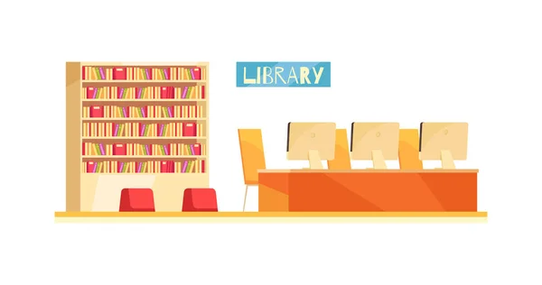 Cartoon Schulbibliothek Interieur Mit Bücherregalen Und Computer Vektor Illustration — Stockvektor