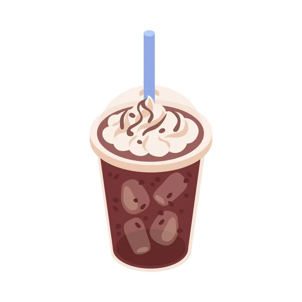Bicchiere Isometrico Plastica Caffè Freddo Con Crema Paglia Vettoriale Illustrazione — Vettoriale Stock
