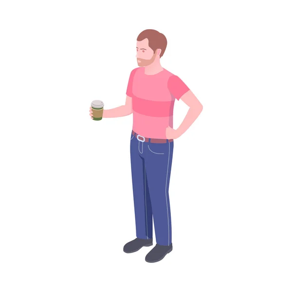 等距男子与塑料杯咖啡3D矢量插图 — 图库矢量图片