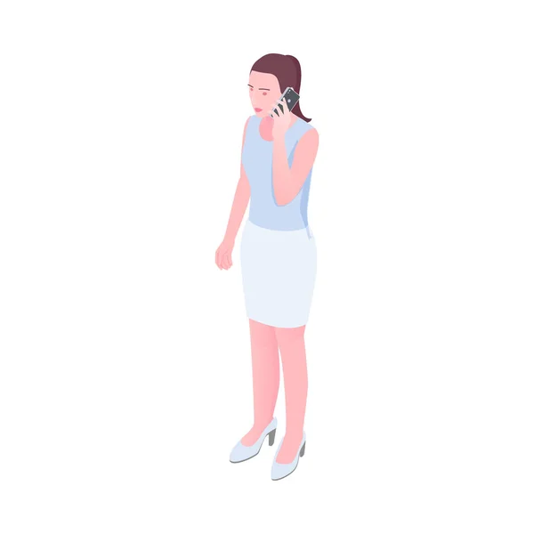 Mladá Žena Bílé Sukni Mluví Smartphone Izometrické Vektorové Ilustrace — Stockový vektor