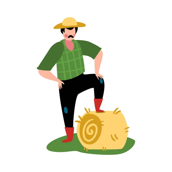 Agricultor Masculino Plana Com Fardo Feno Vetor Ilustração — Vetor de Stock
