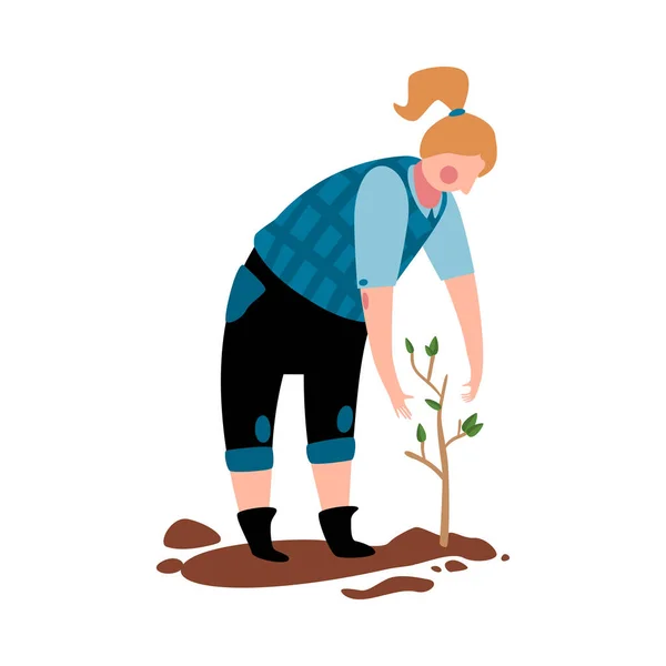 Eco Agriculture Icône Plate Avec Femme Plantation Semis Vecteur Illustration — Image vectorielle