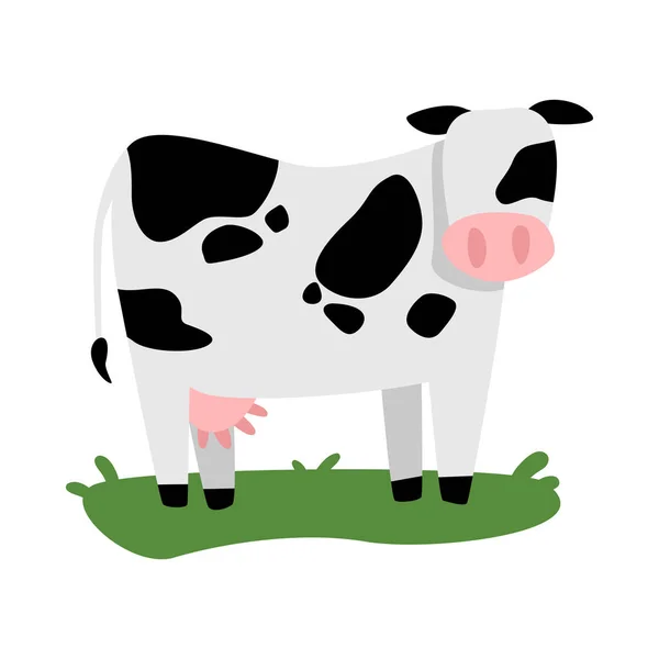 緑の芝生のフラットベクトルイラストに立つミルク牛 — ストックベクタ