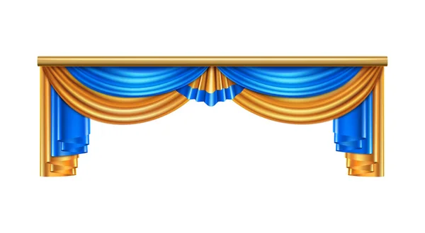 Composición Cortinas Drapeado Lujo Azul Dorado Volumen Completo Con Imagen — Archivo Imágenes Vectoriales