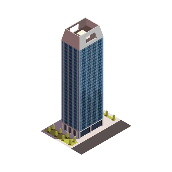 黒の背景ベクトル図上の近代的な建物の隔離された屋外の外観と都市の高層ビルのアイソメトリックコンポジション — ストックベクタ