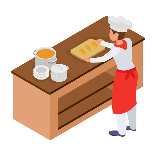 Kochen Isometrische Zusammensetzung Mit Menschlichen Charakter Des Kochs Mit Küchengeräten — Stockvektor