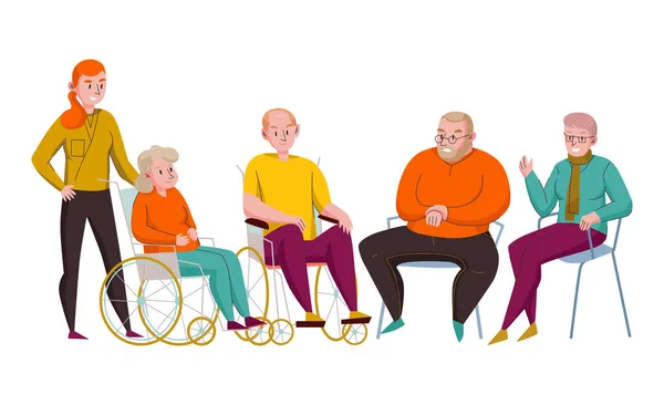 Pflegeheim Zusammensetzung Mit Doodle Stil Charaktere Der Freiwilligen Senioren Behindert — Stockvektor