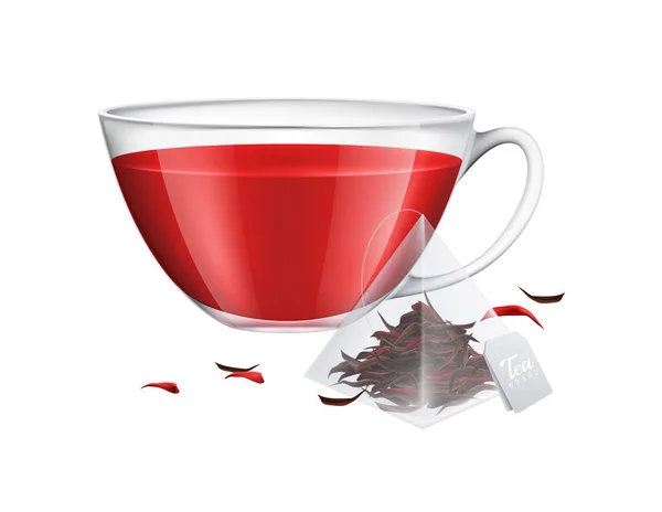 Чайна Сумка Реалістична Композиція Прозорою Чашкою Чаю Чайного Листя Порожньому — стоковий вектор