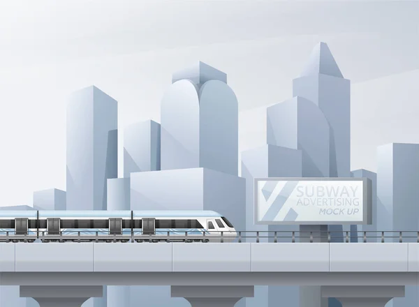 Subway Reklama Mockup Realistické Pozadí Metro Vlak Cityscape Vektorové Ilustrace — Stockový vektor