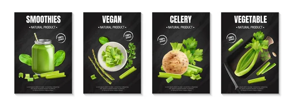 4現実的なセロリのポスターのアイコンセットスムージービーガンセロリと野菜の見出し黒の背景ベクトルイラスト — ストックベクタ