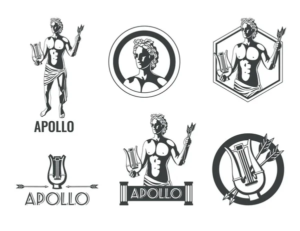 Set Piatto Emblemi Bianco Nero Con Dio Olimpico Verde Apollo — Vettoriale Stock
