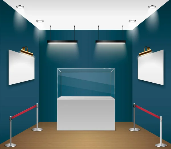 Realistisk Utställning Mockup Med Galleri Bildramar Och Museum Skydd Glas — Stock vektor