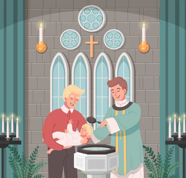 Iglesia Cristiana Escena Dibujos Animados Con Sacerdote Bautizar Bebé Niño — Vector de stock