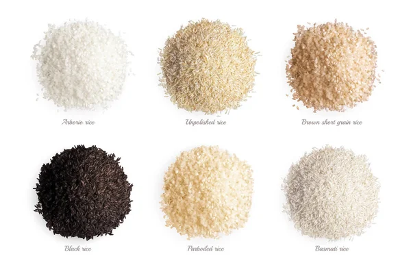 Rice Varieties Realistic Collection Arborio Unpolished Brown Short Grain Black — Stock Vector
