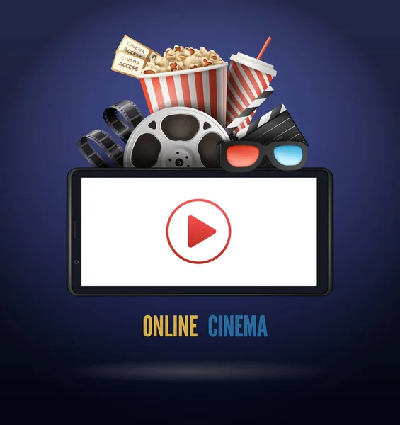 Online Kino Realistický Plakát Hrát Tlačítko Obrazovce Popcorn Brýle Tmavomodré — Stockový vektor