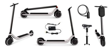 Pil ve şarj sembolleri ile elektrik scooter seti gerçekçi izole vektör çizimi