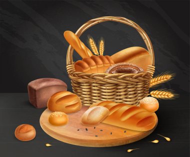 Ahşap kesim tahtası ve farklı ekmek vektörü çizimleri üzerinde gerçekçi ve renkli ekmek tahtası pişirme sepeti