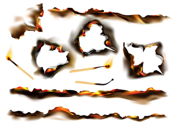 Реалистичные Сгоревшие Бумажные Спички Иконка Набора Тлеющих Зажженных Листов Бумаги — стоковый вектор