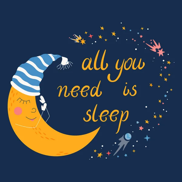 Gute Nacht Flache Postkarte Mit Cartoon Mond Schlafenden Hut Vektor — Stockvektor