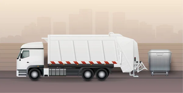Garbage Camion Sfondo Con Veicoli Comunali Simboli Realistici Vettoriale Illustrazione — Vettoriale Stock