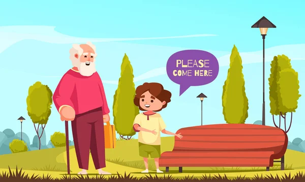 Dobře Vychované Děti Kreslený Plakát Dítětem Nabízí Pomoc Starým Osobám — Stockový vektor