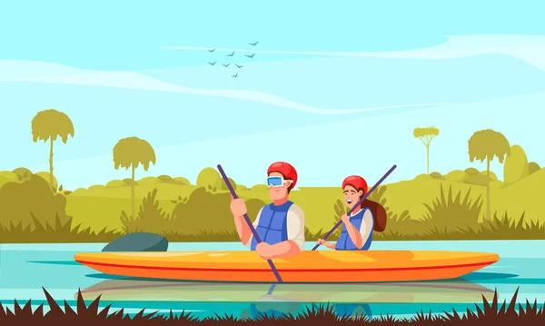 River Rafting Cartoon Poster Mit Jungen Paar Kajak Vektor Illustration — Stockvektor
