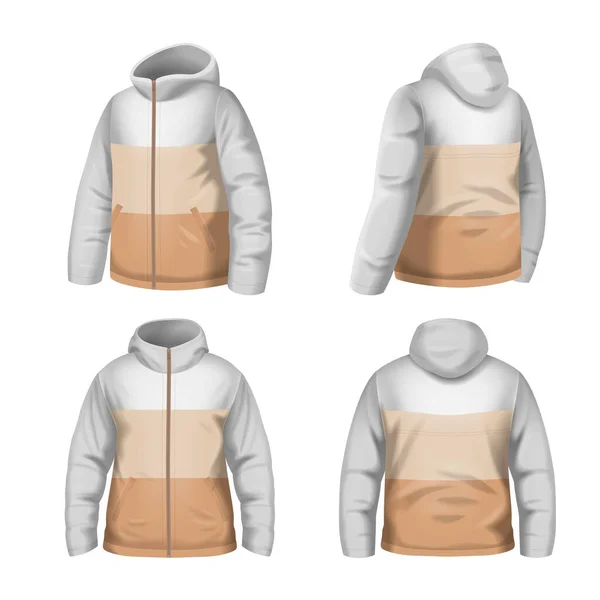 Three Color Male Winter Jacket Hood Zip Realistic Set Front — Stock Vector