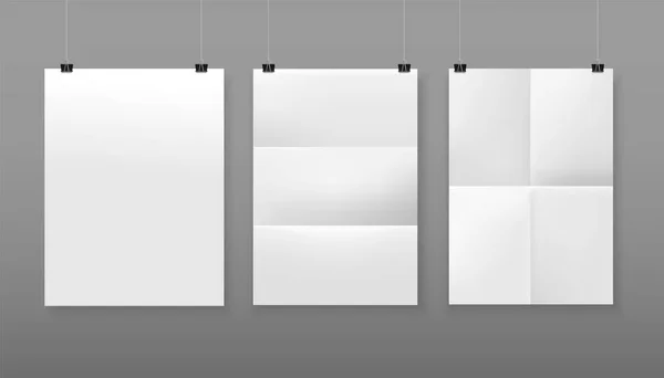 Carteles Aislados Papel Blanco Blanco Formato Retrato Colgados Cuerda Con — Vector de stock