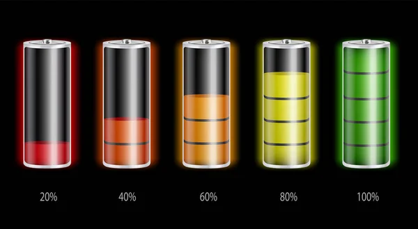 在黑色背景矢量图上隔离的具有不同电荷水平的电池 — 图库矢量图片