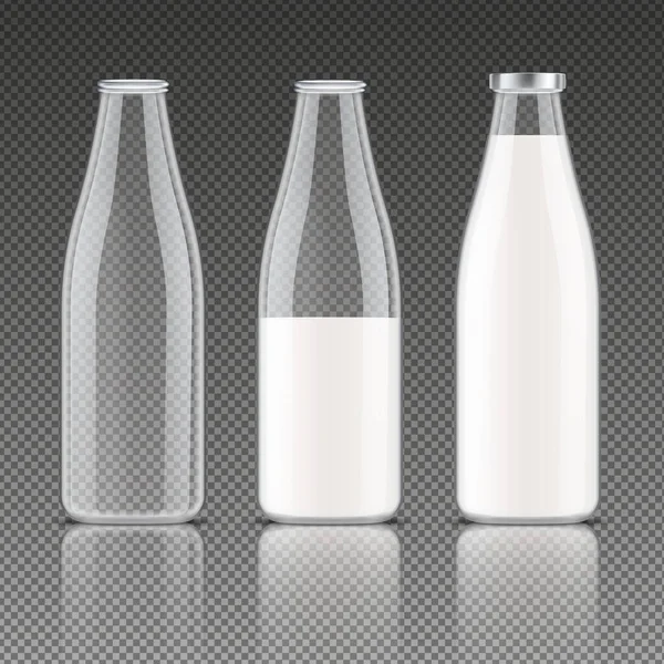 Emballages Lait Ensemble Transparent Bouteilles Pleines Verre Vides Demi Pleines — Image vectorielle