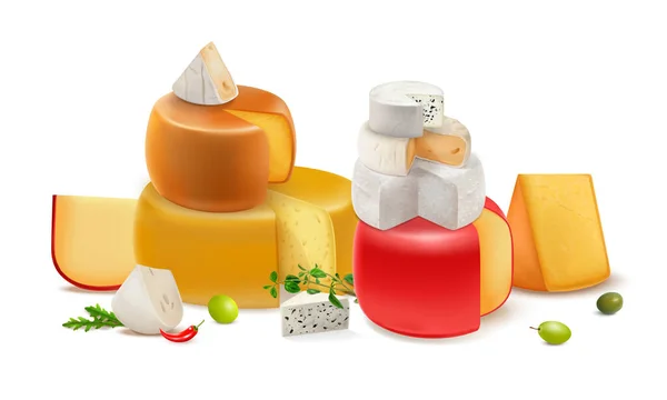 具有不同尺寸和重量矢量的切片和块的现实奶酪彩色组合图 — 图库矢量图片