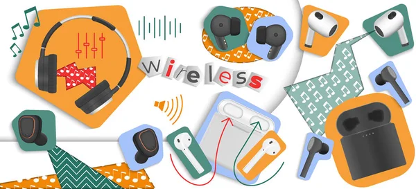 Wireless Headphones Realistic Collage Music Symbols Vector Illustration — Stock Vector