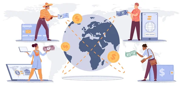 Koncepcja Płatności Międzynarodowych Symbolami Finansowania Płaski Wektor Ilustracji — Wektor stockowy