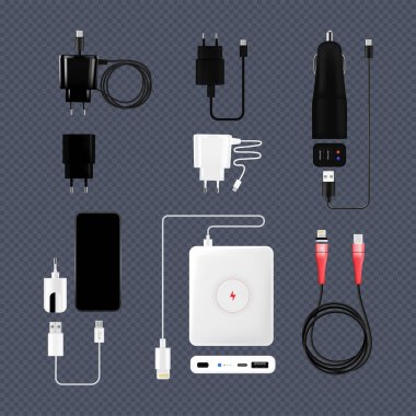 Duvar soketi otomobili ve elektrik bankası vektör ilüstrasyonu için izole şarj ediciler ile cep telefonu akıllı telefon şarj seti