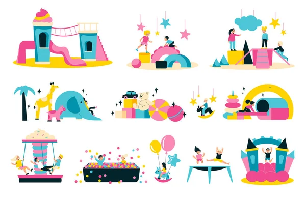带跳跃儿童的游戏设备图标和五彩缤纷的玩具矢量插图的儿童游戏室 — 图库矢量图片