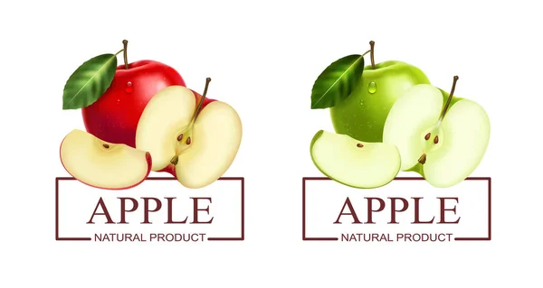 新鮮な緑と赤のリンゴの絶縁ベクトルイラストで設定された現実的な天然製品ラベル — ストックベクタ
